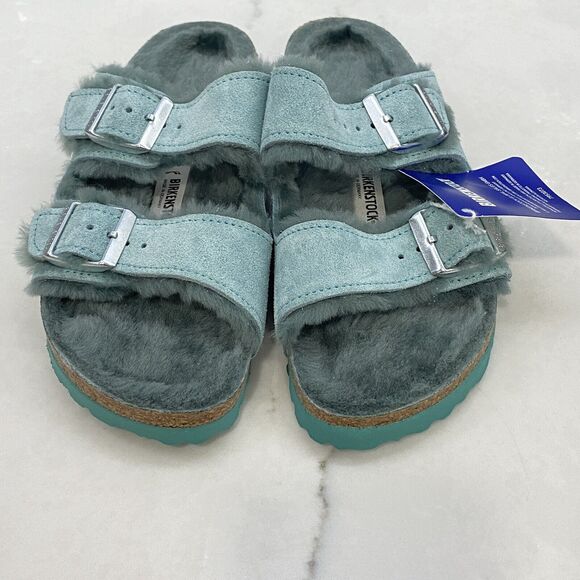 BIRKENSTOCK ARIZONA Sz 5 SHEARLING SANDAL SUEDE LEATHER GREEN BERYL Size 36 - Picture 2 of 6